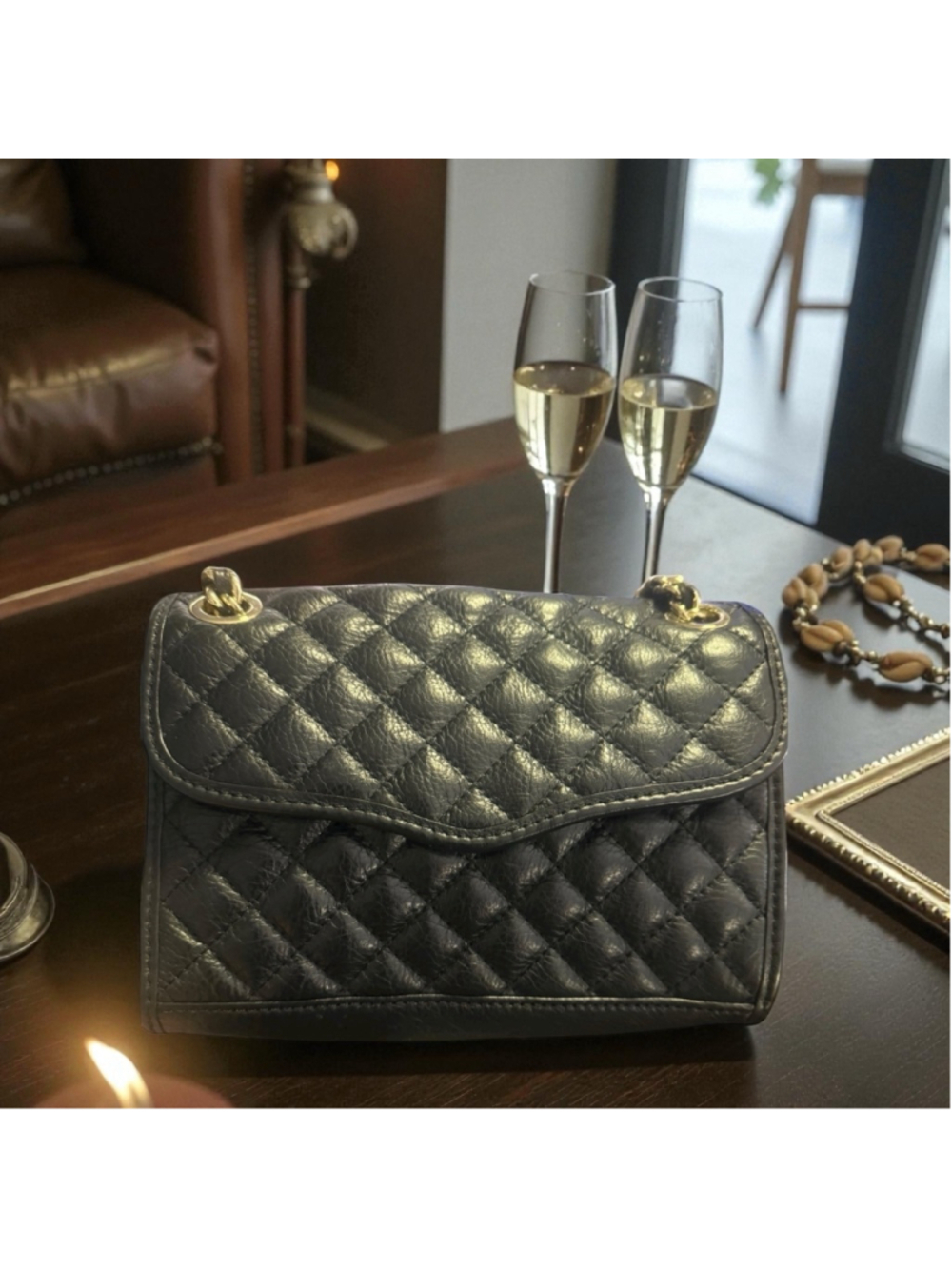 Rebecca Minkoff Black Quilted Leather Flap Crossbody Chain Strap with CoA